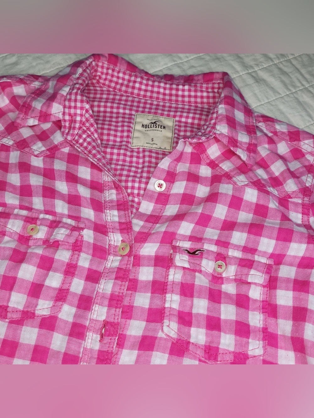 Hollister Pink Checkered Long Sleeve Button Up Shirt Small - Picture 2 of 7